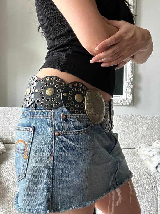 Y2K Black Concho Belt Wide Western Cowgirl Grunge Statement - Picture 2 of 8